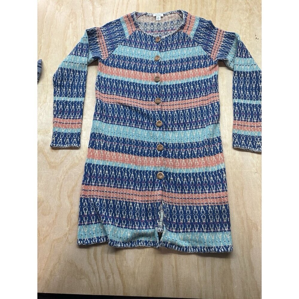 Sundance Merino Wool Knit Cardigan Duster Colorful XS Wood Buttons Shoreline EUC